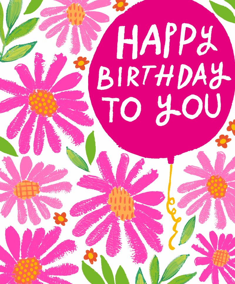 LARGE PINK FLOWERS AND BIRTHDAY BALLOON